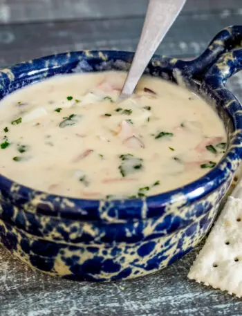 A bowl of potato soup with crackers on the side.