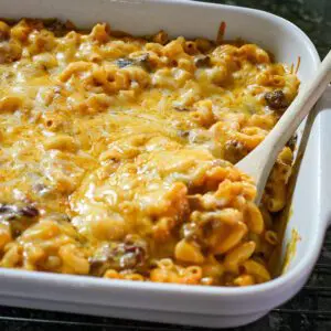 quick chili mac in a baking dish with cheese topping