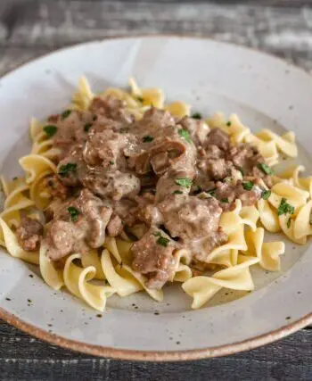 quick ground beef stroganoff over noodles