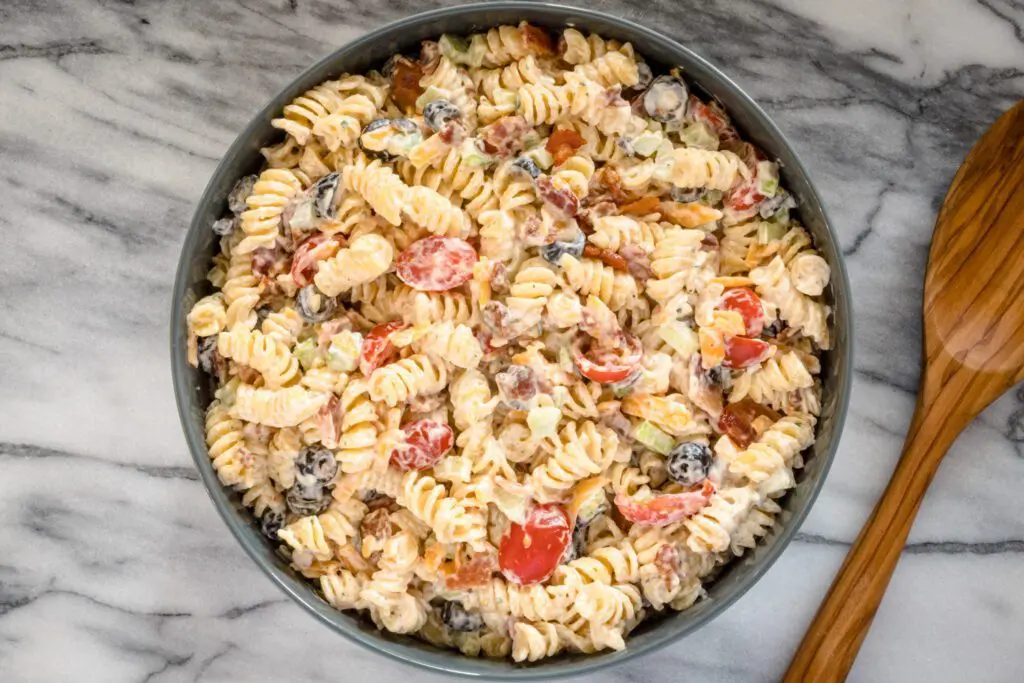 ranch pasta salad in a large serving bowl