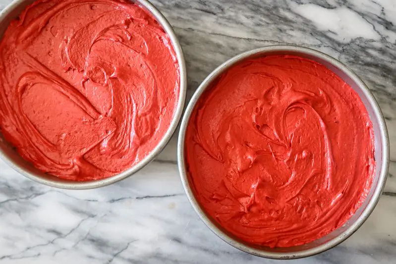red velvet cake layers ready to bake