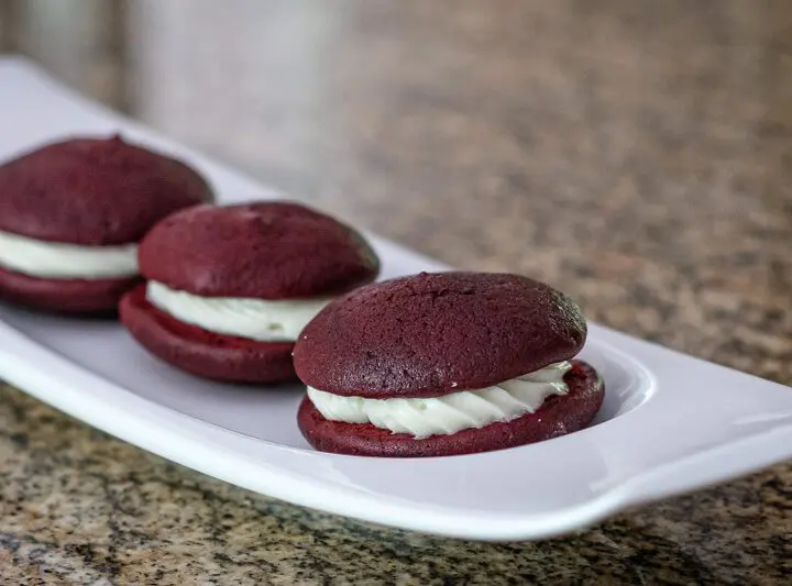 red velvet whoopie pies on a small serving tray