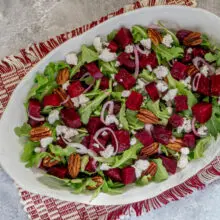 Serving dish with roasted beet salad.