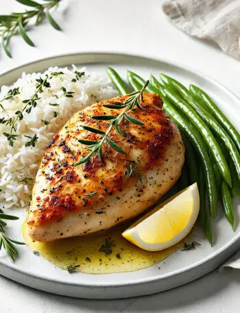 Roasted chicken with herbs on a plate.