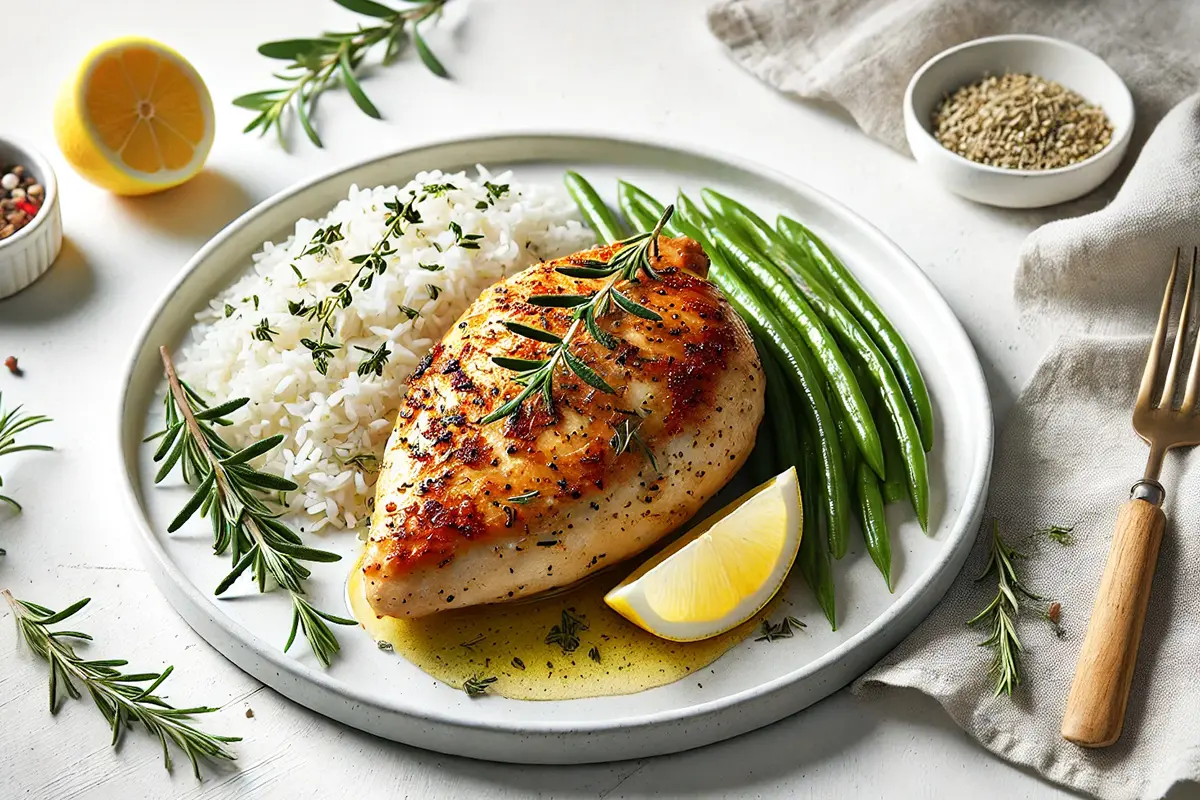 Roasted chicken with herbs on a plate.