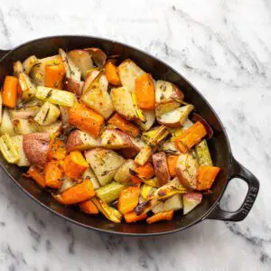 roasted root vegetables in a baking pan