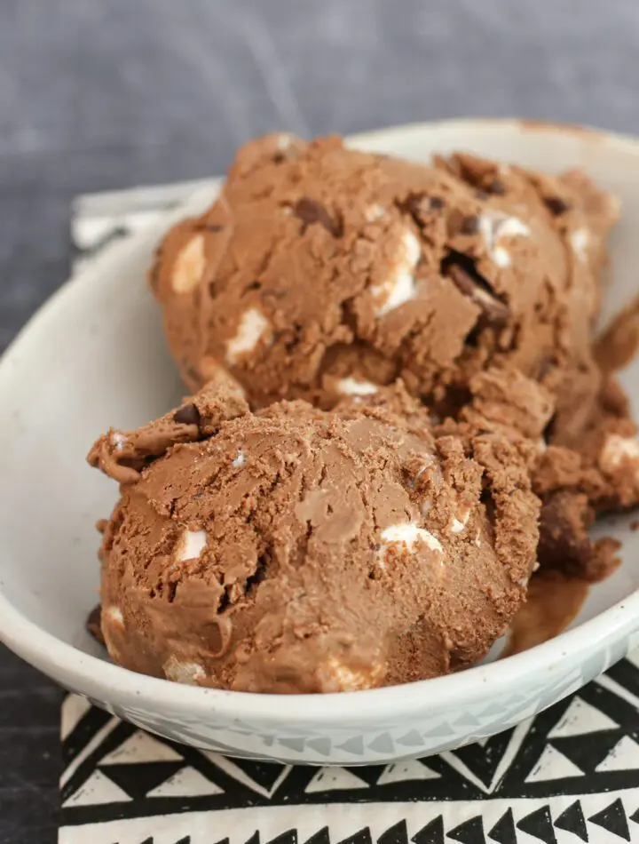 scoops of rocky road ice cream in a dessert dish