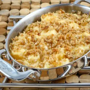 a gratin baking dish with rutabaga gratin, topped with breadcrumbs