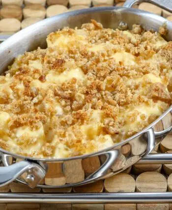 a gratin baking dish with rutabaga gratin, topped with breadcrumbs