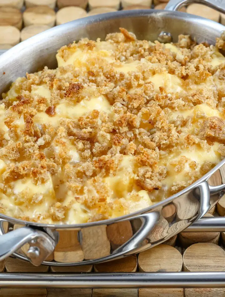 a gratin baking dish with rutabaga gratin, topped with breadcrumbs