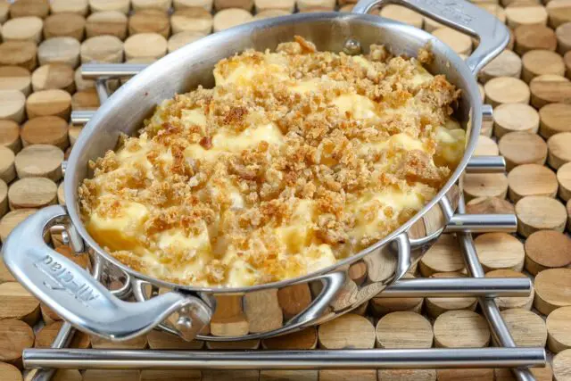 a gratin baking dish with rutabaga gratin, topped with breadcrumbs