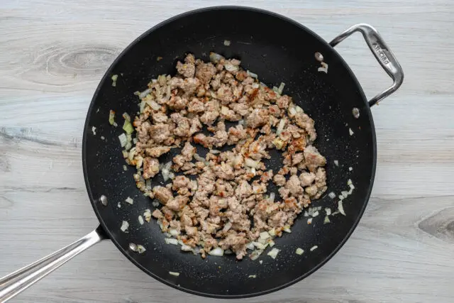 Sausage ragu prep: browning the sausage and onions.