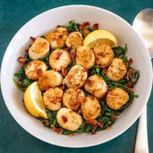 seared scallops, bacon, and spinach