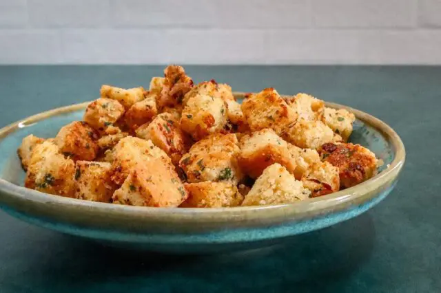 closeup homemade croutons, baked