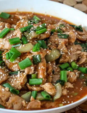 sesame pork with green onions in a bowl