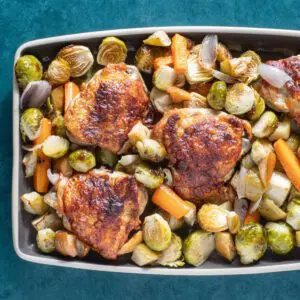 chicken thighs roasted with brussels sprouts and apples