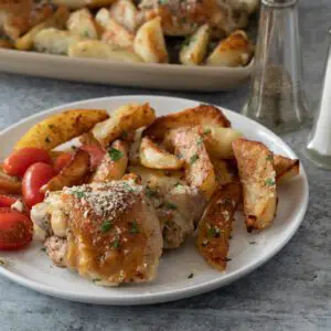 chicken thighs and potatoes on a plate