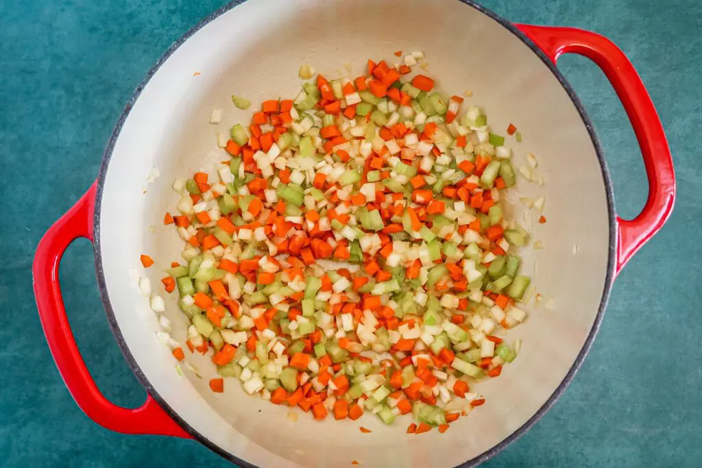 sweating the vegetables for the bolognese sauce