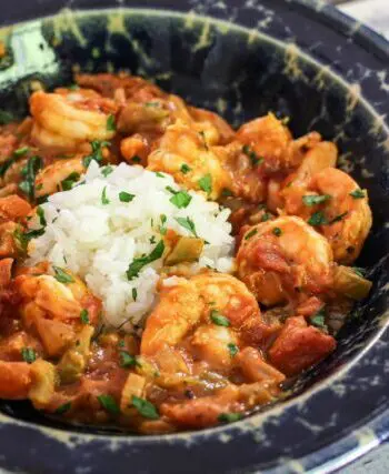shrimp creole with rice in a bowl