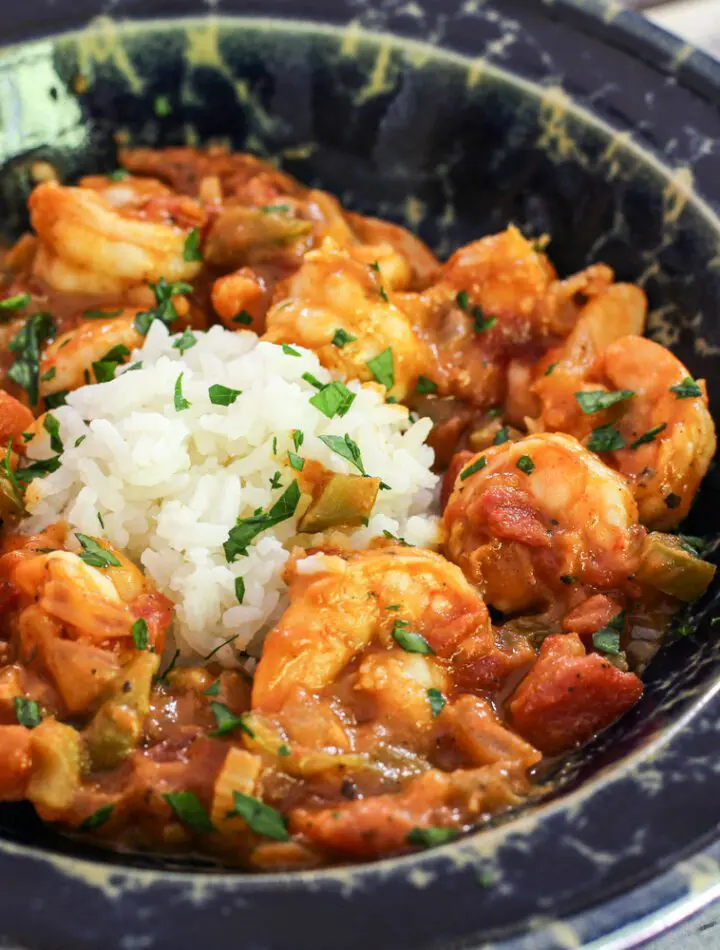 shrimp creole with rice in a bowl