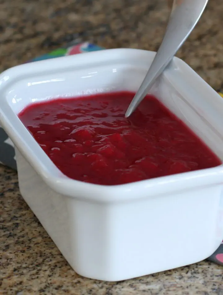 A serving container with rhubarb compote