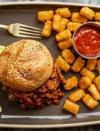 sloppy joe sandwich with tater tots and ketchup on the side.