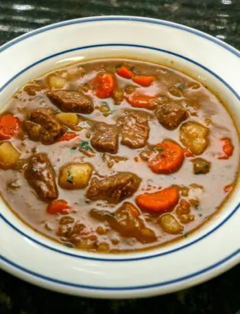 slow cooker beef stew in a wide bowl