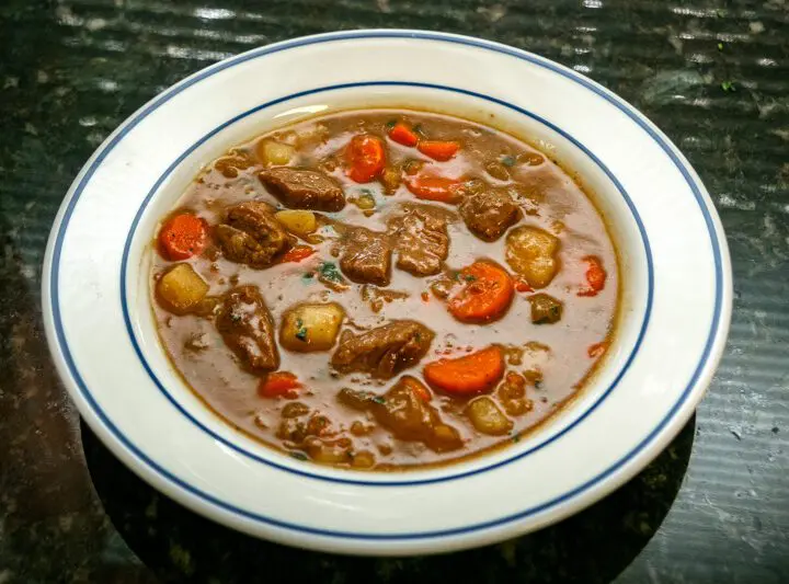 slow cooker beef stew in a wide bowl