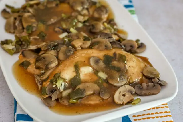 slow cooker chicken marsala on a serving tray