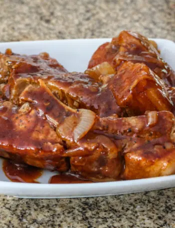 serving dish with country style pork ribs