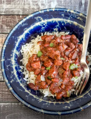 slow cooker red beans and rice in a serving bowl