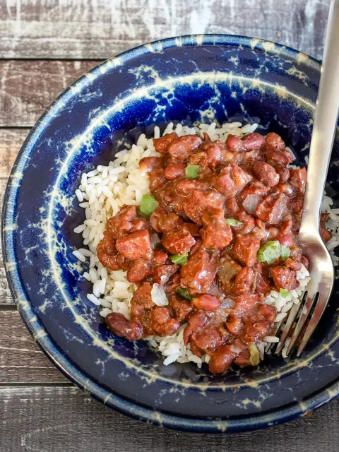 slow cooker red beans and rice in a serving bowl