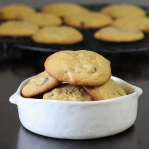 soft chocolate chip cookies in a bowl