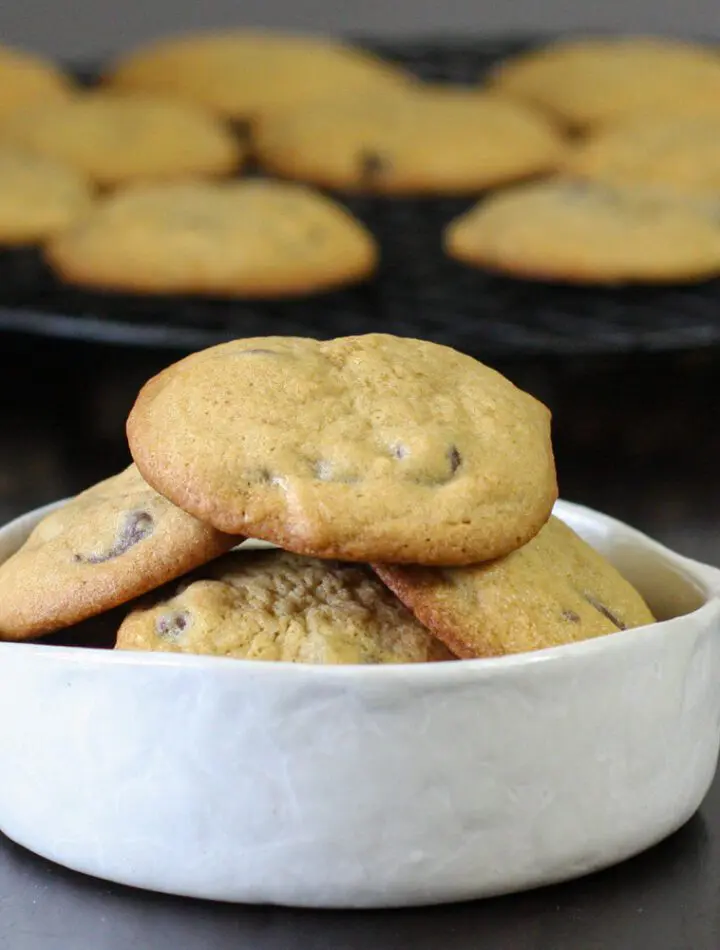 soft chocolate chip cookies in a bowl