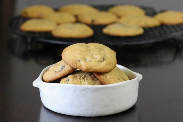 soft chocolate chip cookies in a bowl