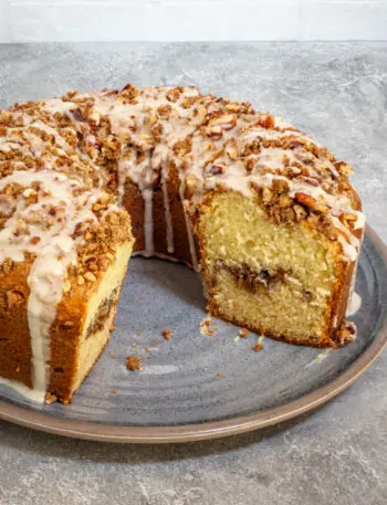 sour cream coffee cake with cinnamon streusel filling and topping