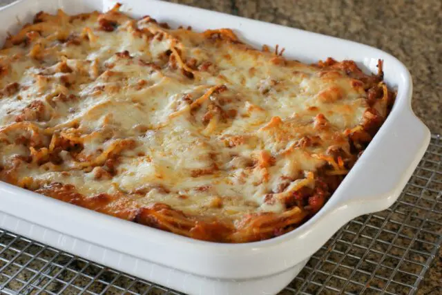 baked spaghetti casserole on a cooling rack