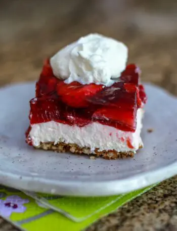 strawberry pretzel dessert on a plate