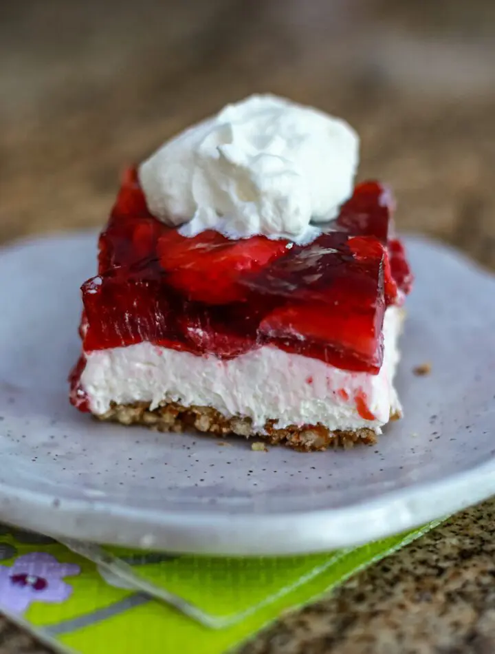 strawberry pretzel dessert on a plate