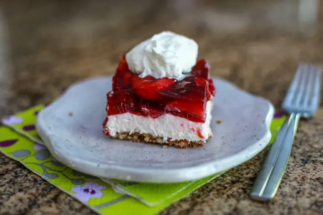 strawberry pretzel dessert on a plate