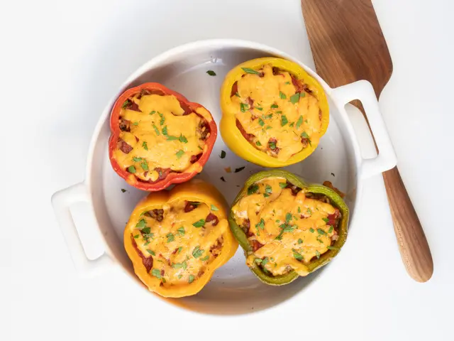 baking dish with stuffed peppers