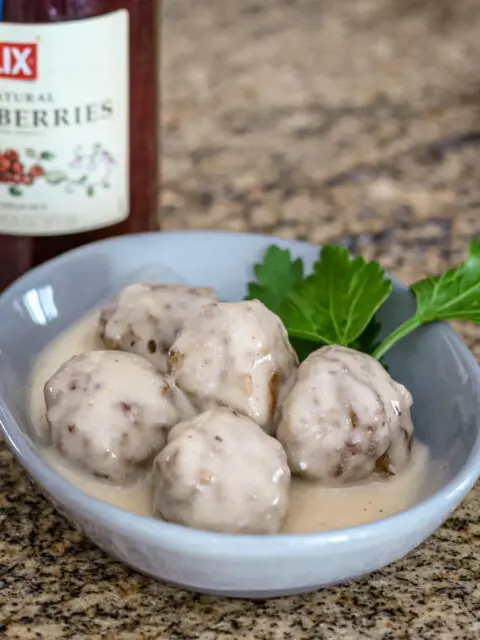 A small bowl with swedish meatballs