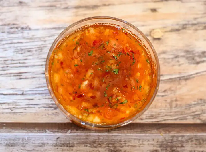 sweet and tangy dipping sauce in a small bowl