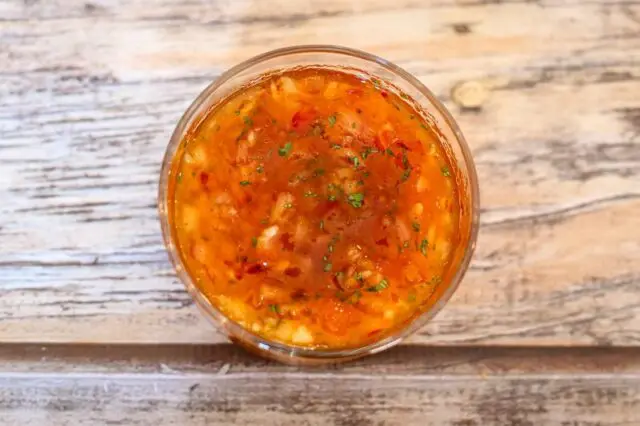 sweet and tangy dipping sauce in a small bowl