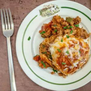 A serving of tex-mex flavored beef and biscuit bake on a decorative Revol plate with a fork.