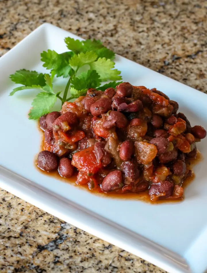 tex mex black beans and tomatoes on a plate with cilantro leaves