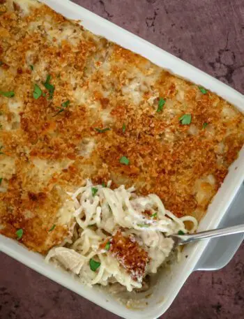 tuna tetrazzini in the baking dish