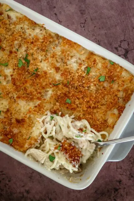 tuna tetrazzini in the baking dish