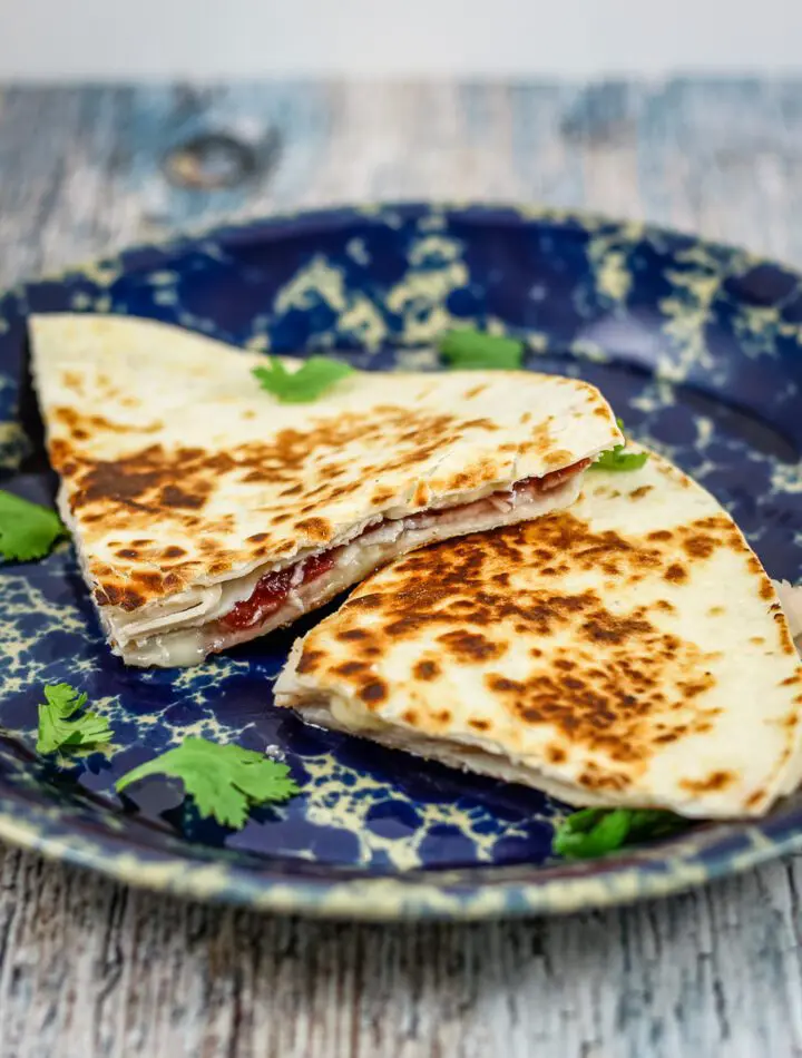 leftover turkey quesadilla with cranberry sauce and brie