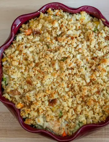 turkey and rice casserole in a baking dish